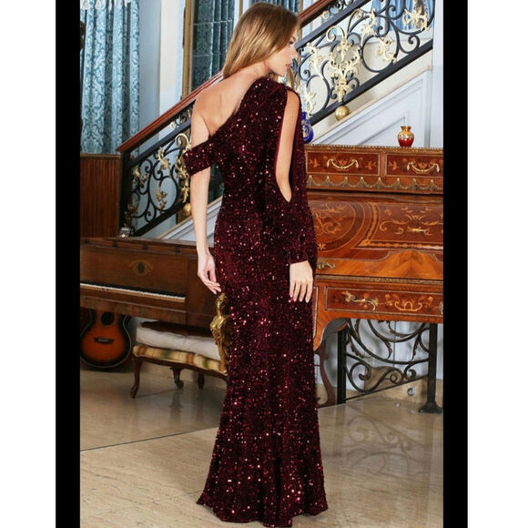 Burgundy Sequin Maxi One Shoulder Dress - Picture 4 of 4
